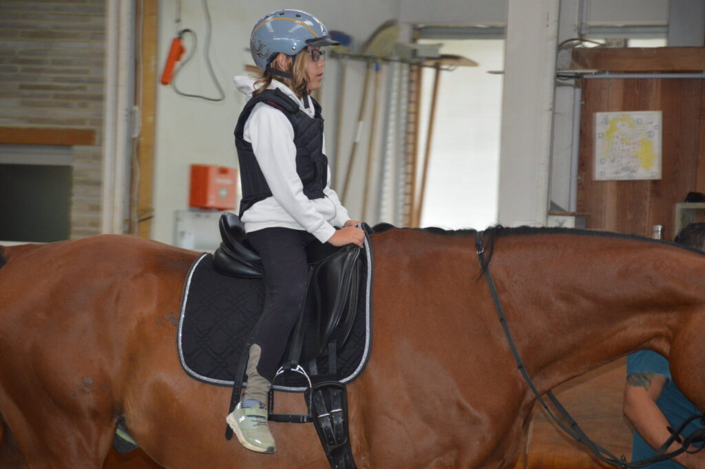 Kind reitet auf einem braunen Pferd durch die Halle